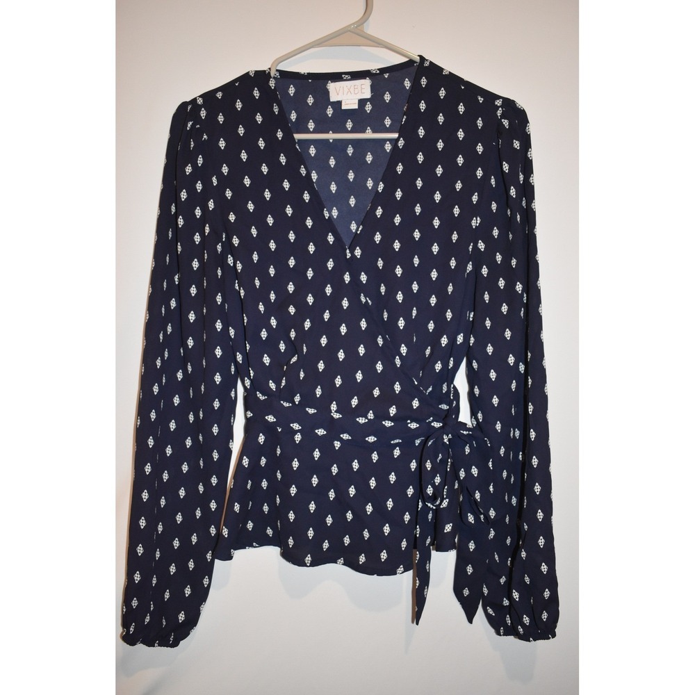 Vixbe Sheer Wrap Blouse Women's Small Navy Blue Elastic Waist Lightweight